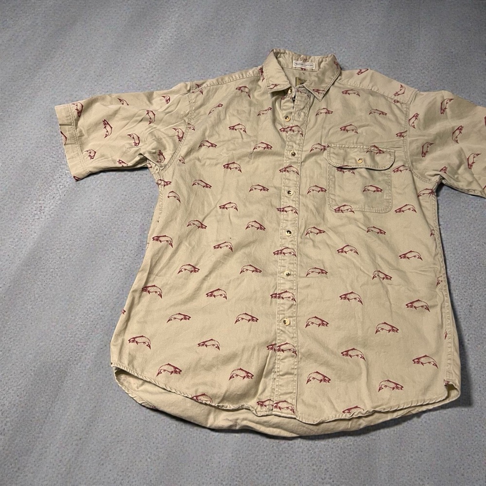 Madison Trader Men's Large Washed Cotton Button Down‎ Shirt Fish Outdoor Tan